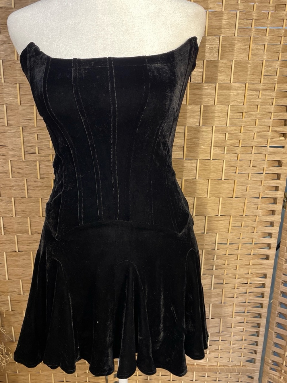Black Velvet Strapless Urban Outfitters Corset Fit-and-Flare Dress W/Stockings